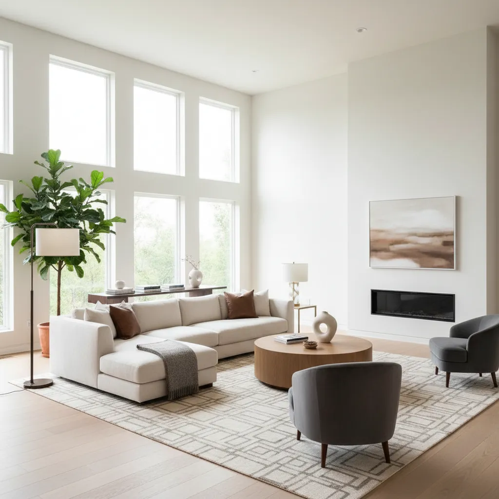 balanced seating arrangement in large open living room with rug and chairs