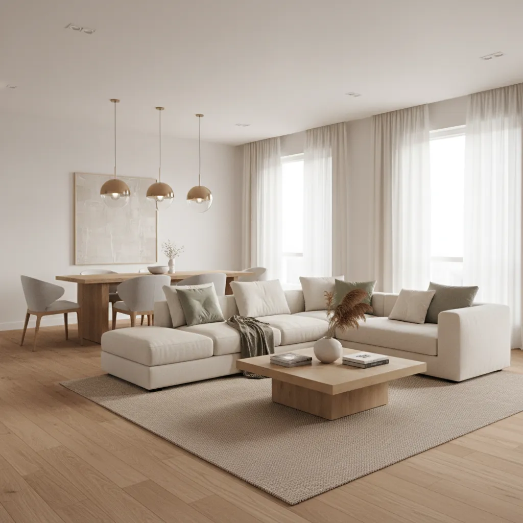 Open concept living room with balanced seating and dining zones