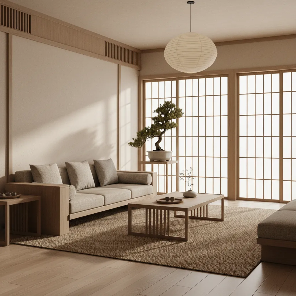 Calm oriental living room after redesign with neutral colors and balanced furniture