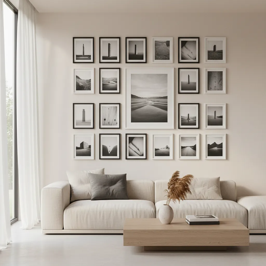 Balanced photo wall with even visual weight across multiple frames