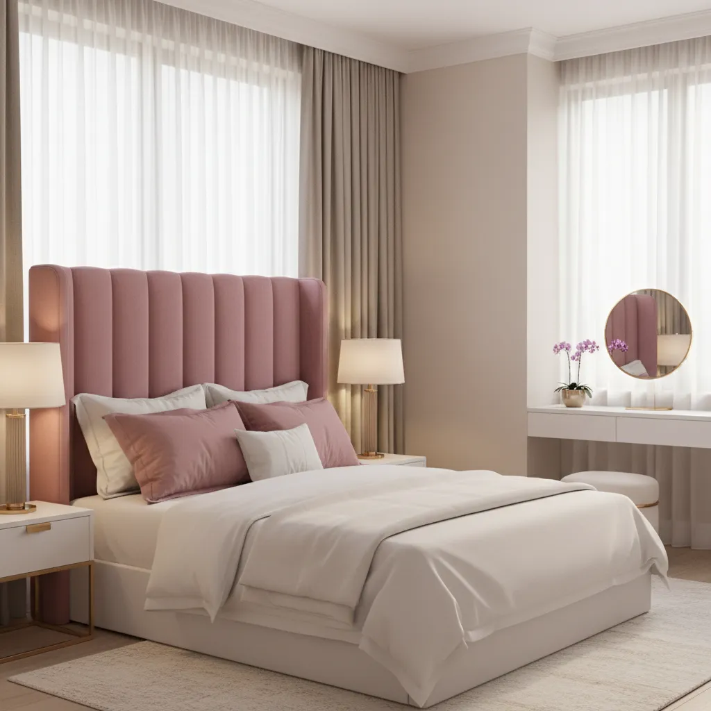 Bedroom with balanced pink accents and neutral white palette