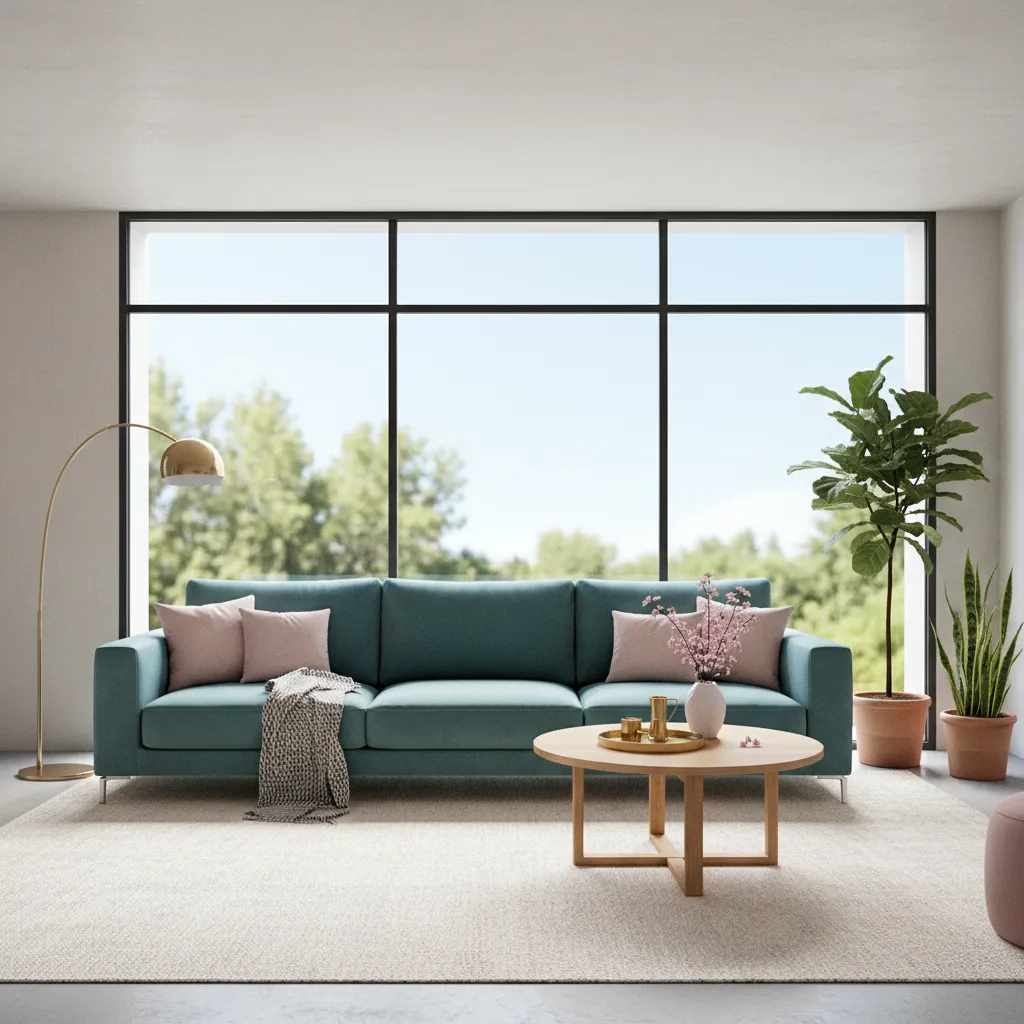 harmonious pink and teal living room with plants neutral decor and modern furniture
