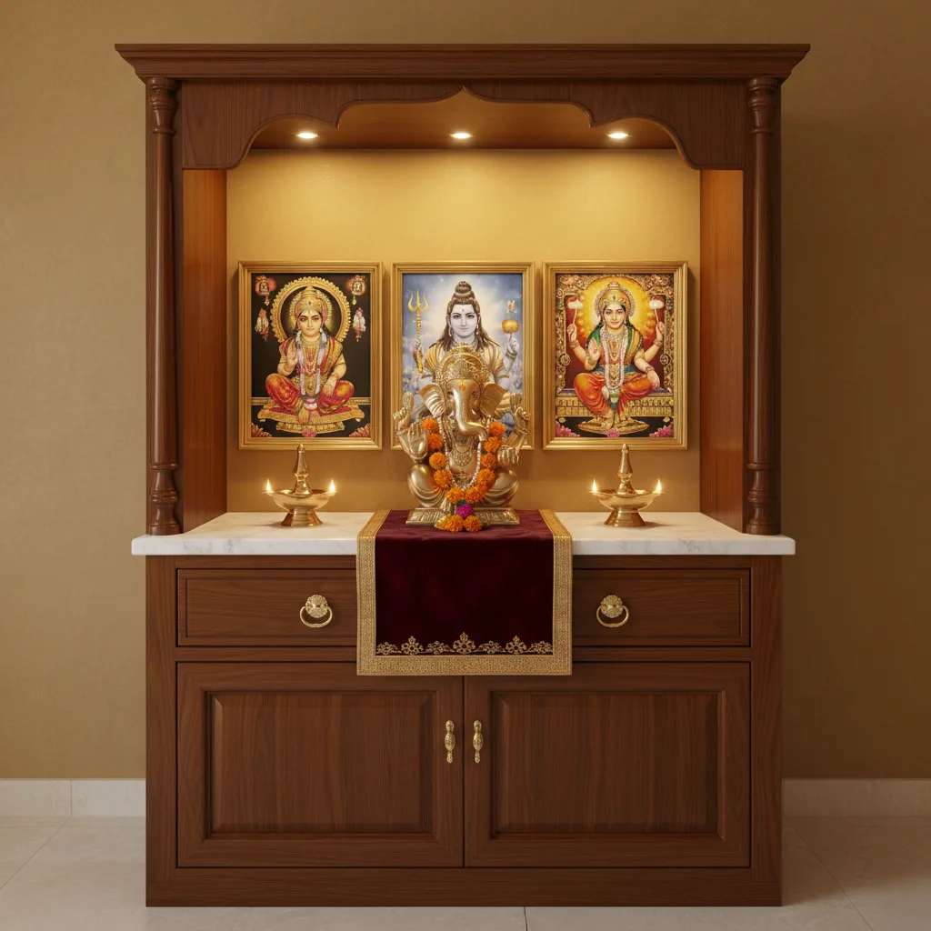 Pooja room with central idol and surrounding framed deity photos
