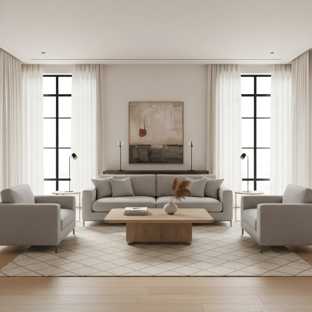 living room designed with balanced geometric proportions for efficient furniture placement