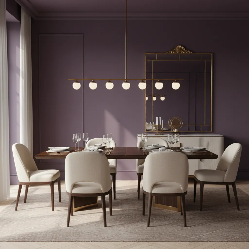 Purple dining room balanced with neutral chairs and decor