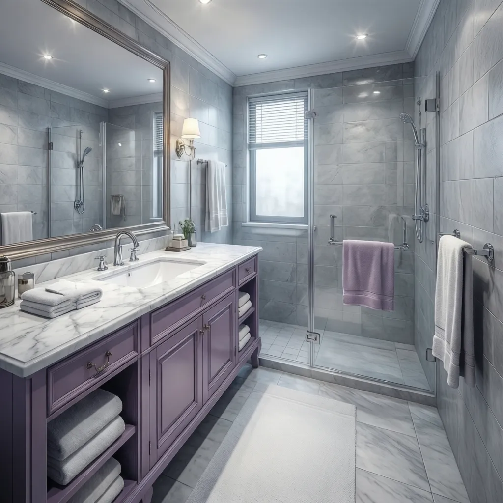 Bathroom using gray base surfaces with subtle purple accents in vanity and decor