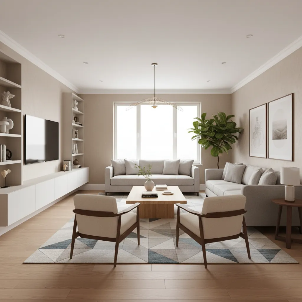 Balanced furniture arrangement in an 18 x 12 rectangular living room