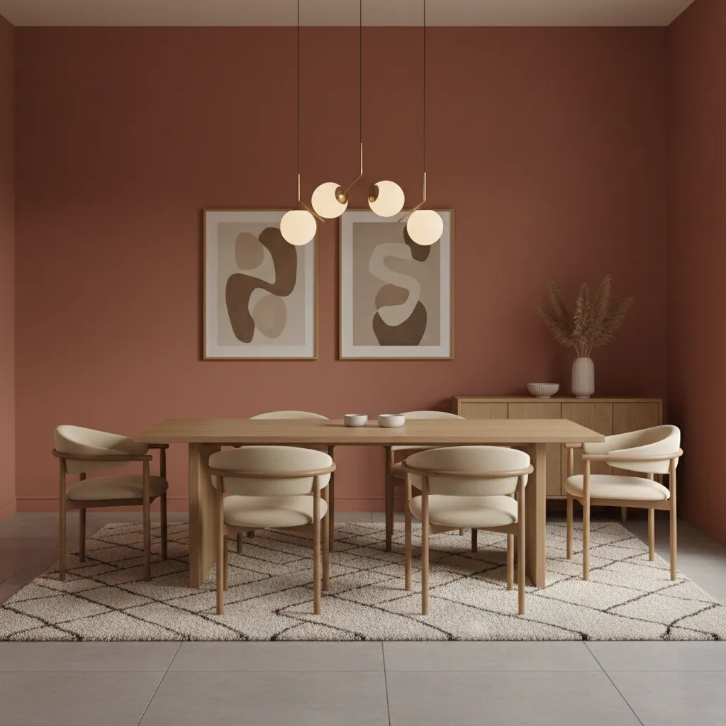 Balanced red dining room with warm lighting wood table and soft decor