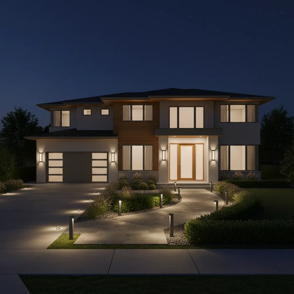 Balanced outdoor lighting layout highlighting driveway pathway and entry