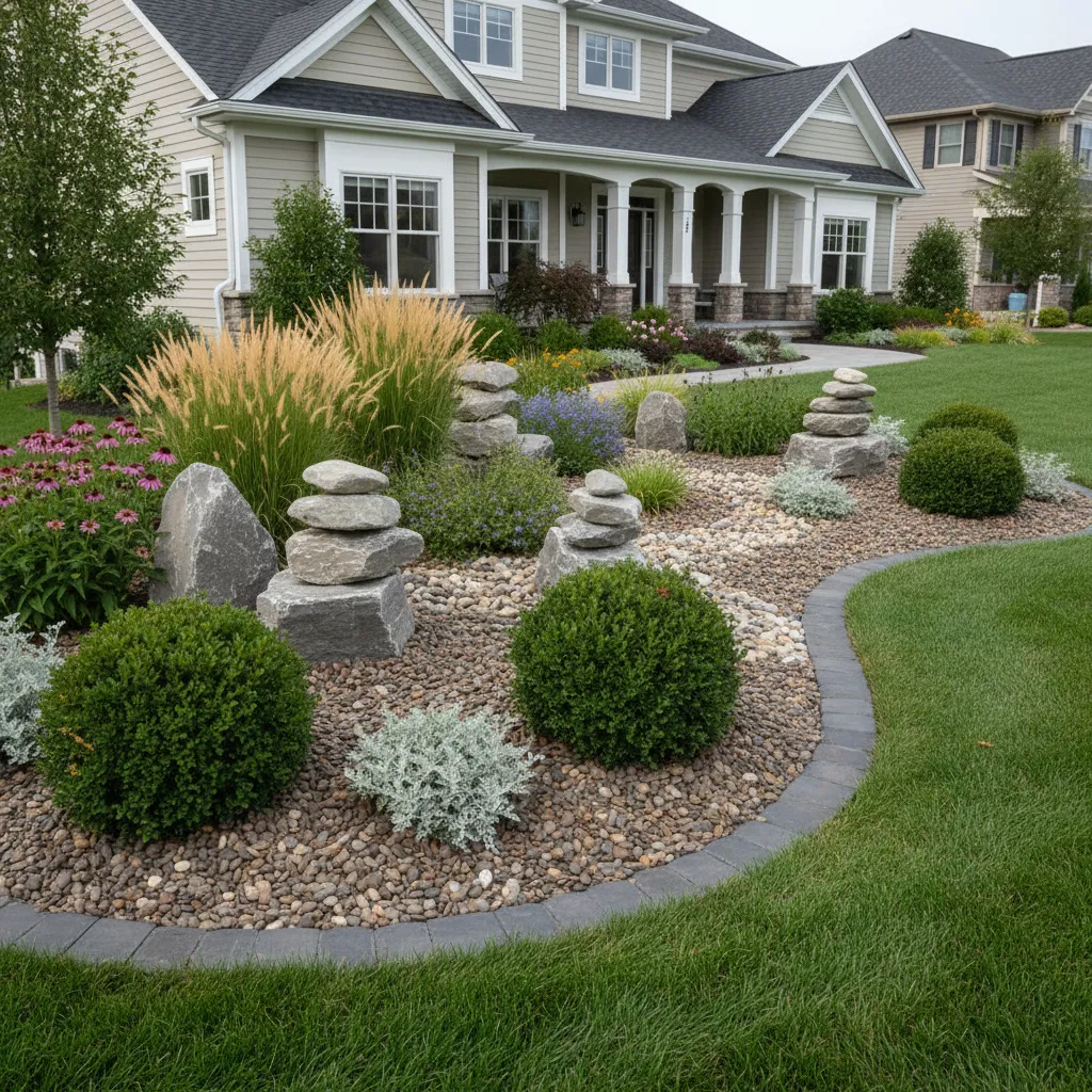 Balanced rock and plant front yard landscape bed