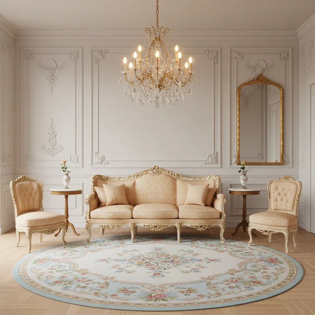Balanced Rococo living room with ornate sofa and minimal background
