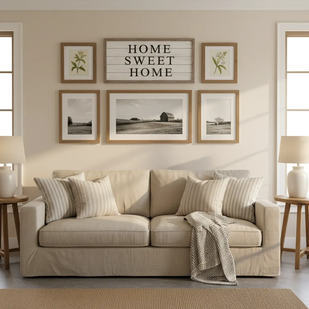 Balanced rustic wall decor with large centerpiece and smaller accents