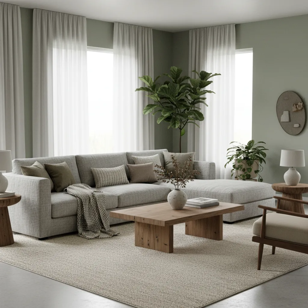 styled sage green living room with layered textures and neutral rug