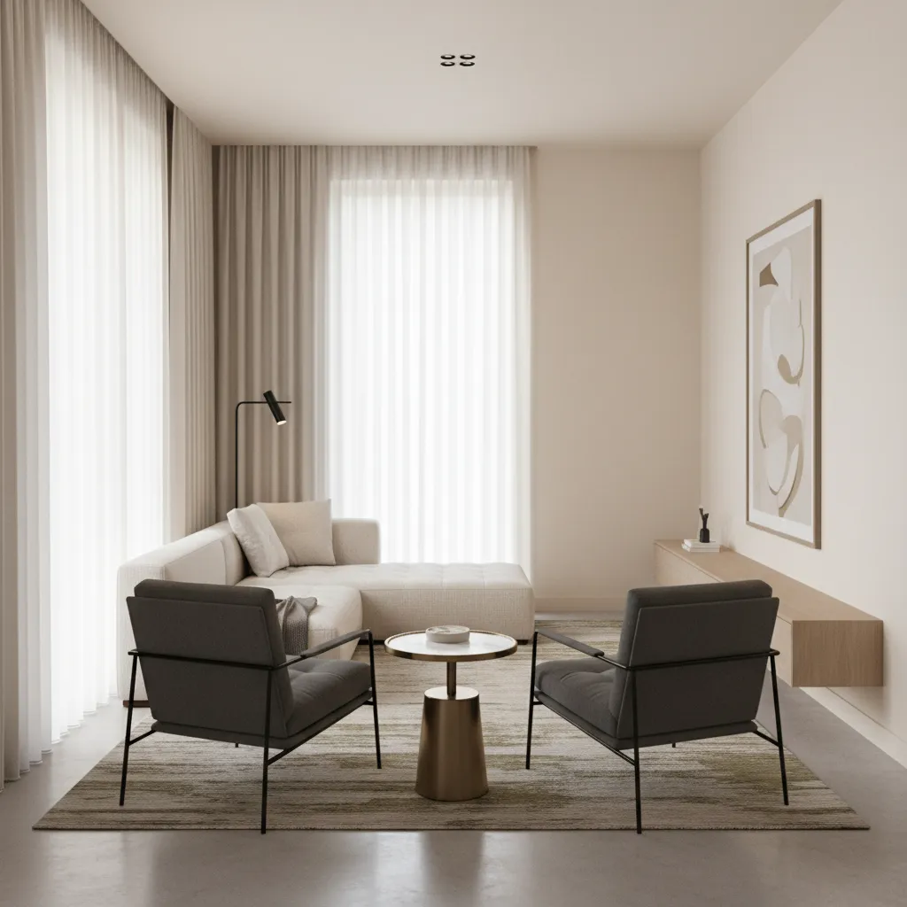 Sofa and two chairs seating layout in a narrow living room