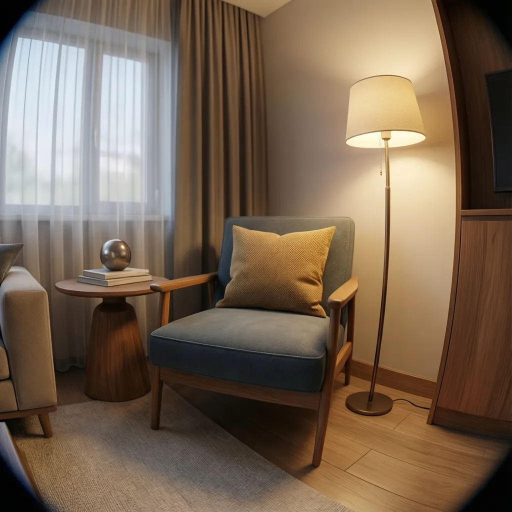 Living room corner with chair side table and lamp forming balanced seating zone