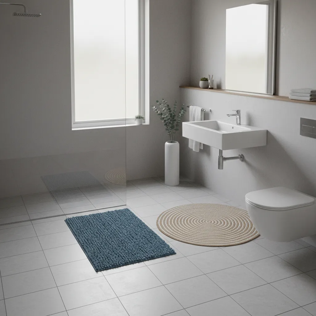 balanced rug placement with visible floor space in small bathroom