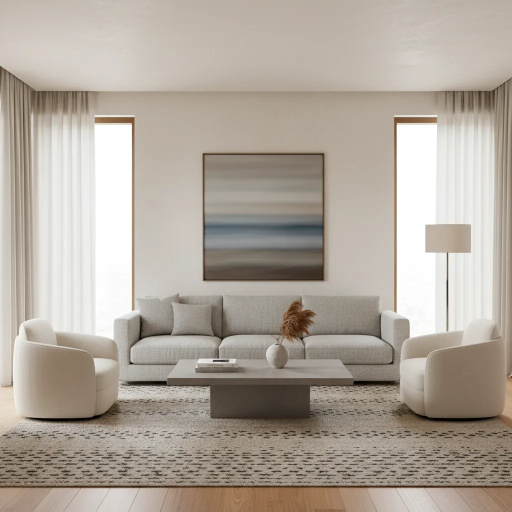 balanced living room layout with two small chairs facing sofa