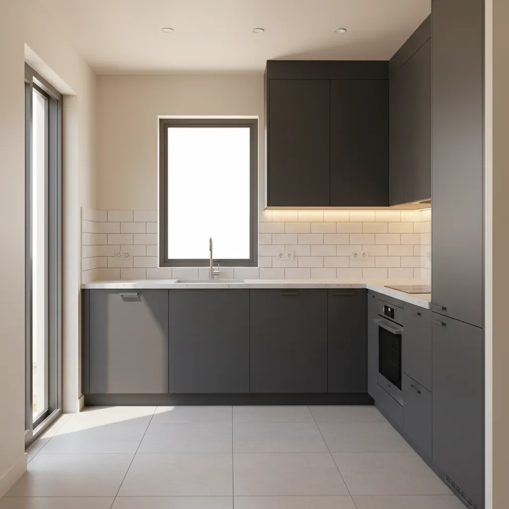 Minimalist kitchen design with dark gray cabinets white brick wall tiles window and light floor