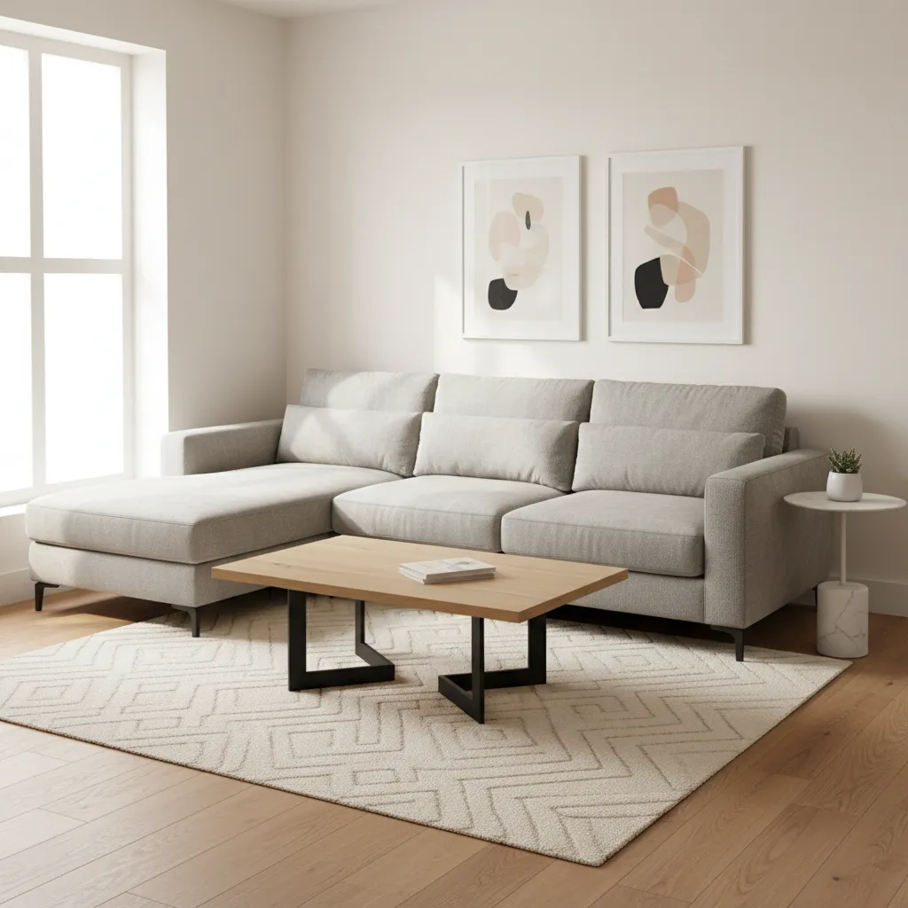 balanced small living room with proportional coffee table and sofa