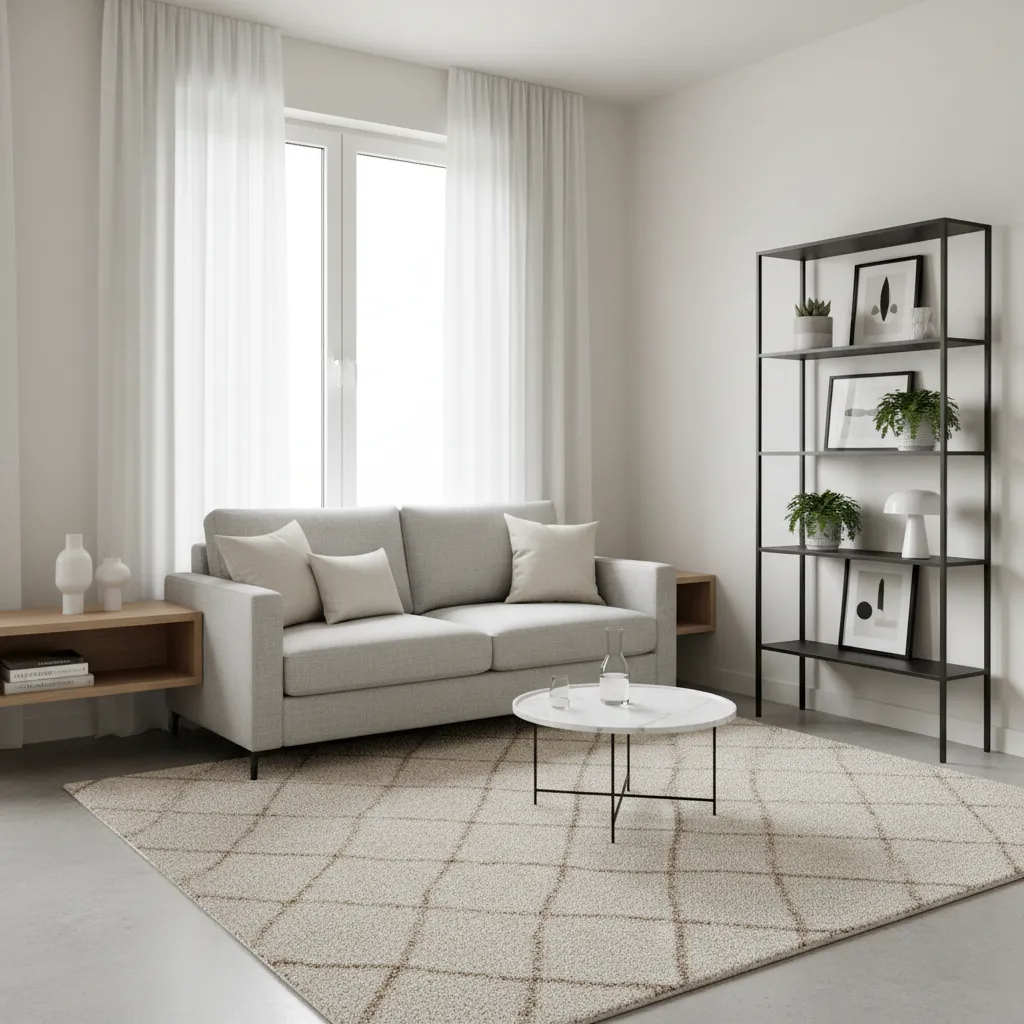 Minimalist small living room with balanced storage and open space