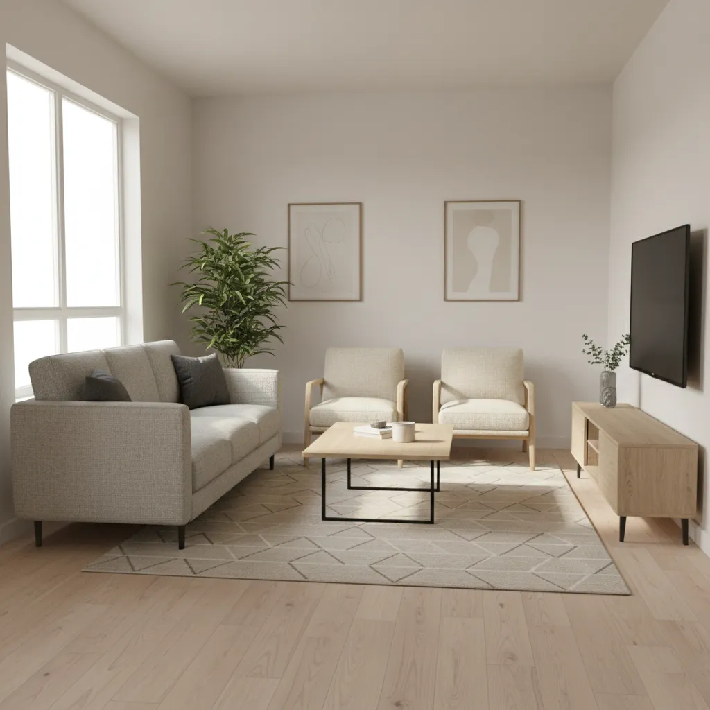 balanced 13x10 living room layout with sofa chairs and open circulation