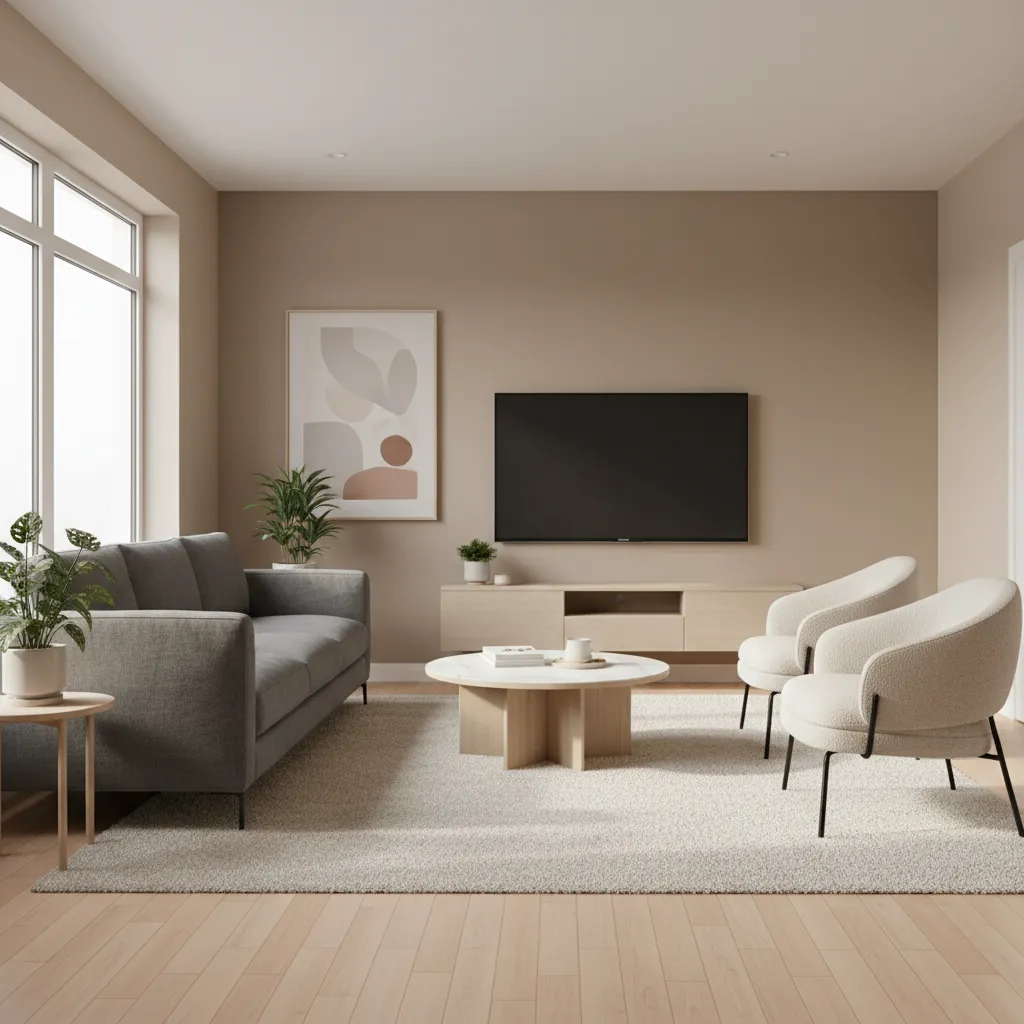 Balanced small living room with sofa and chairs creating visual symmetry
