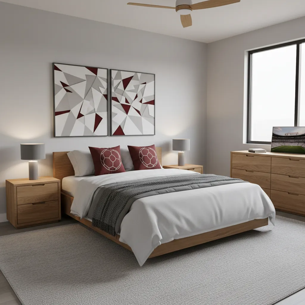 soccer themed bedroom using neutral colors with subtle team color accents