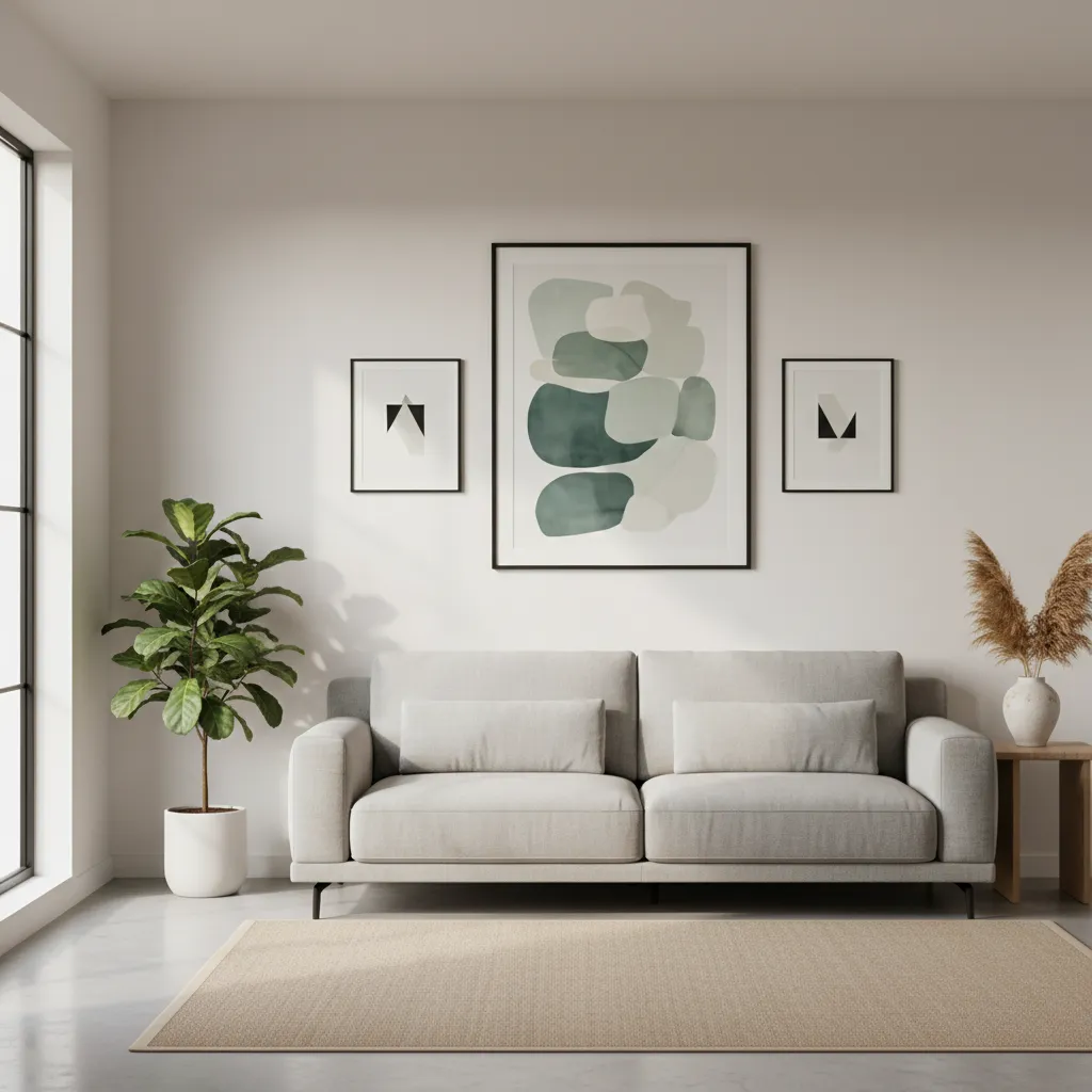 Three frame wall layout with larger center frame creating visual balance