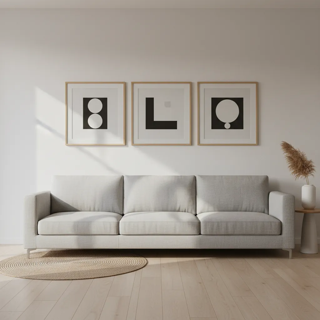 Modern living room with a grey sofa and three black and white frames on wall