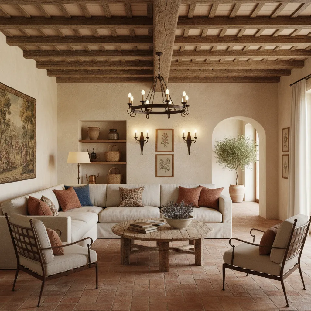 refined tuscan living room with balanced textures warm lighting and rustic wood furniture