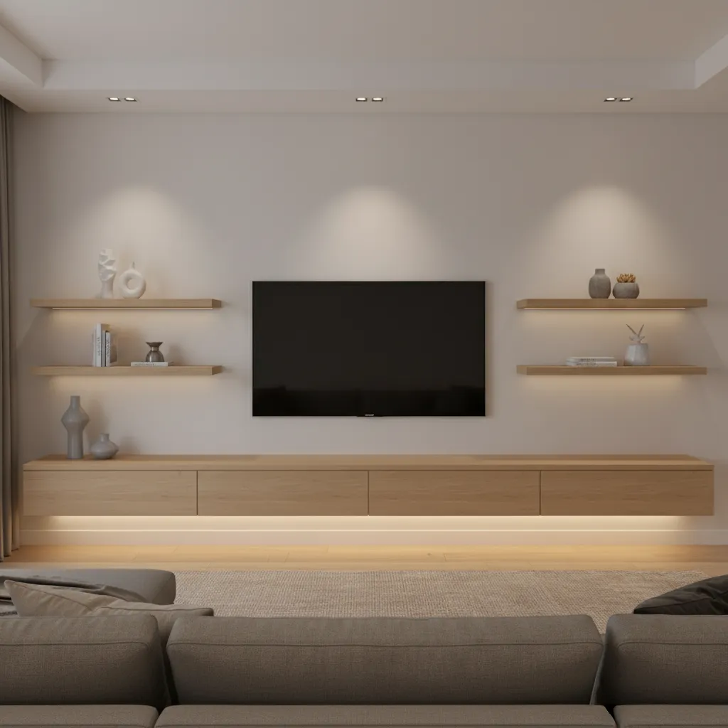 Balanced TV wall with wide console and shelves creating visual harmony