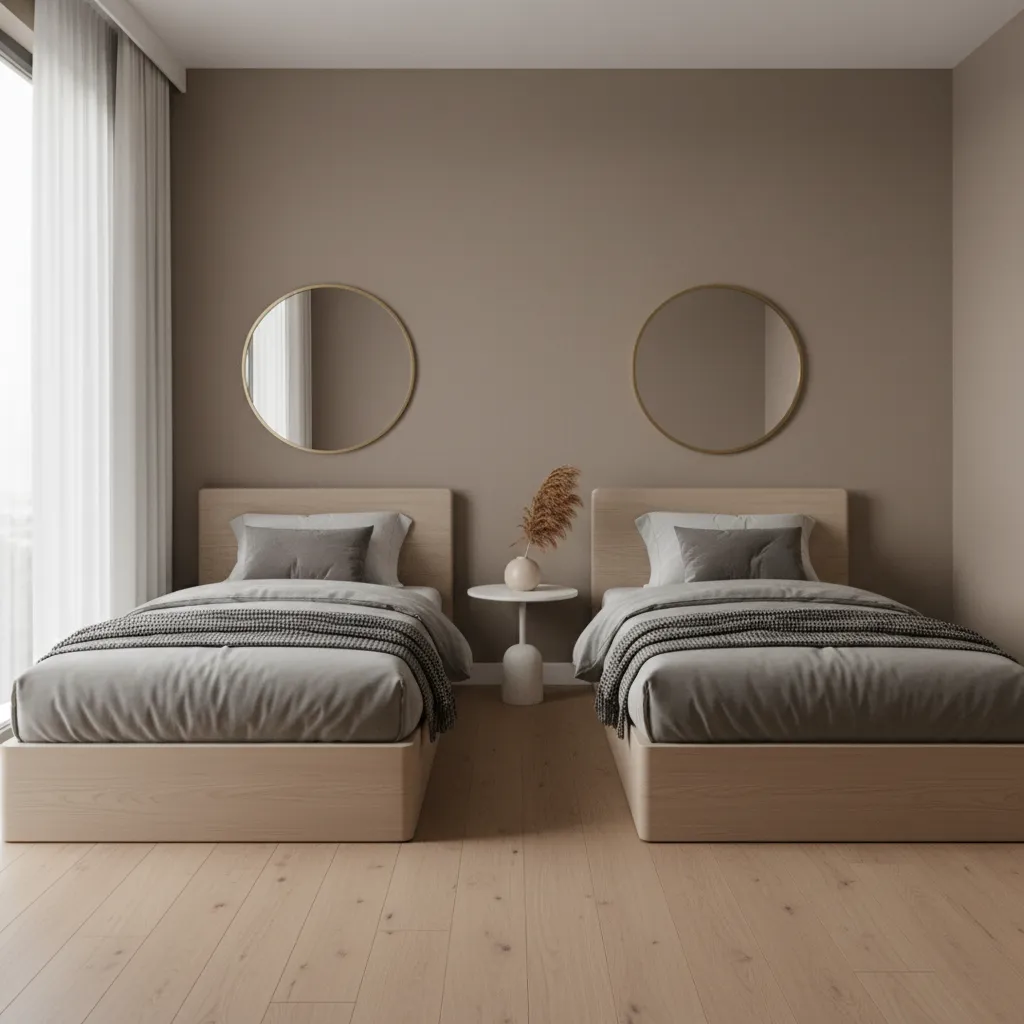 Twin bedroom with neutral wall color balancing wood bed frames and gray bedding