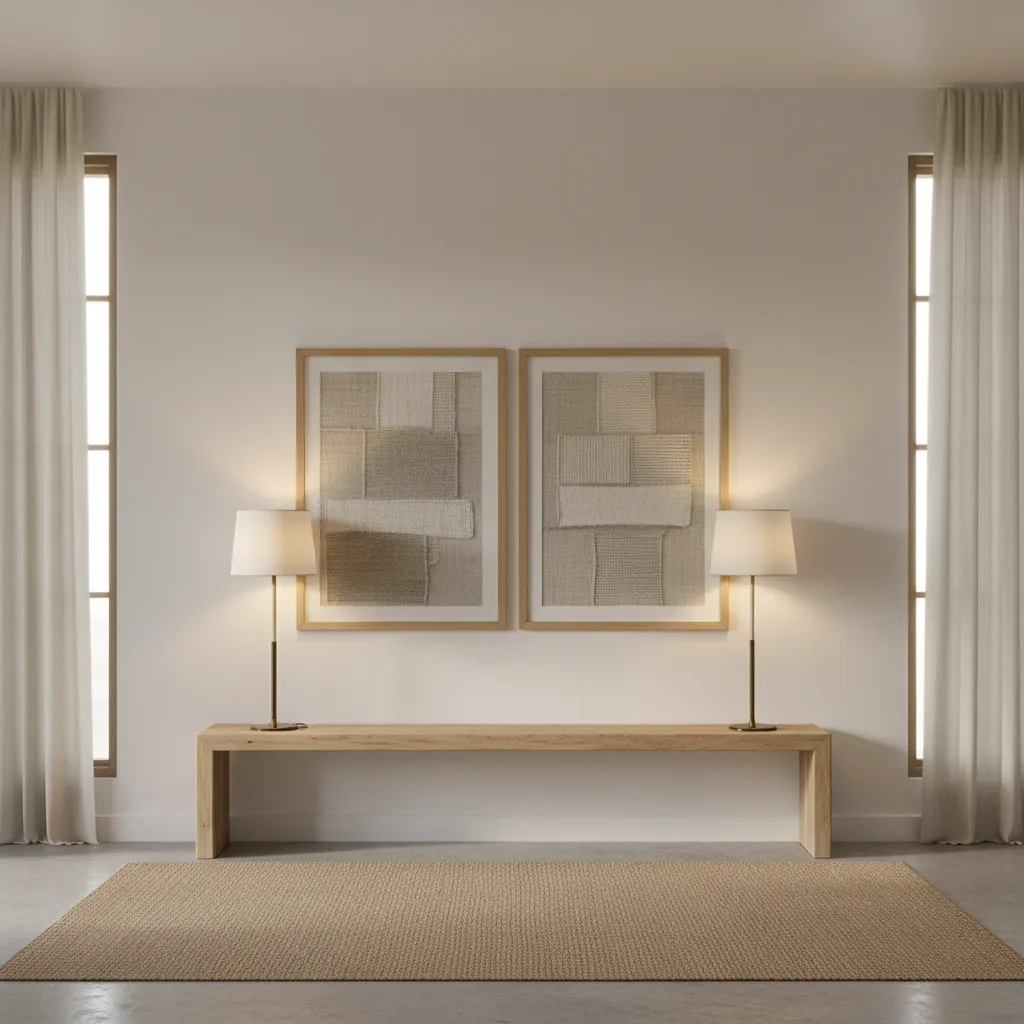 Well-balanced wall composition with two framed artworks aligned above a console table