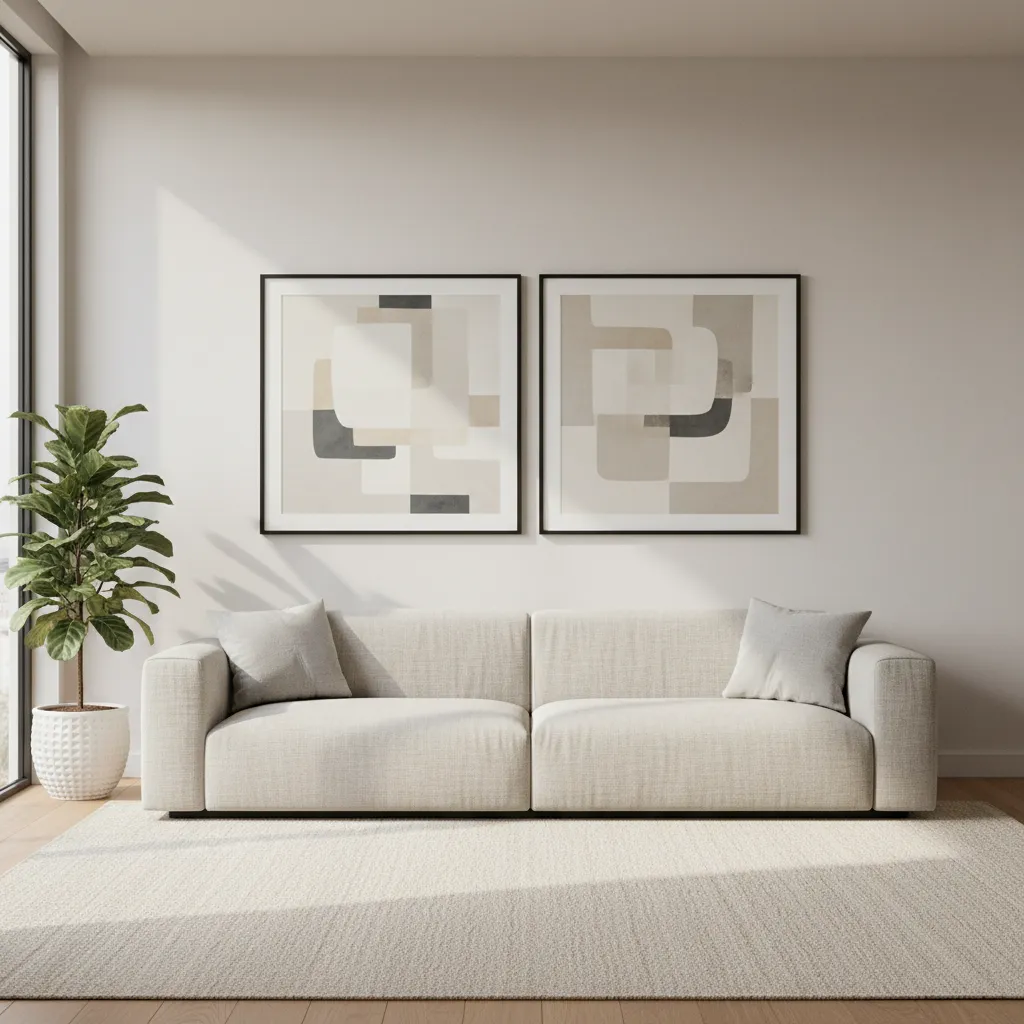 Two large frames evenly spaced on a wall with proper weight distribution