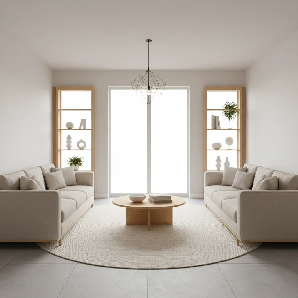 Symmetrical small living room with two sofas and large rug