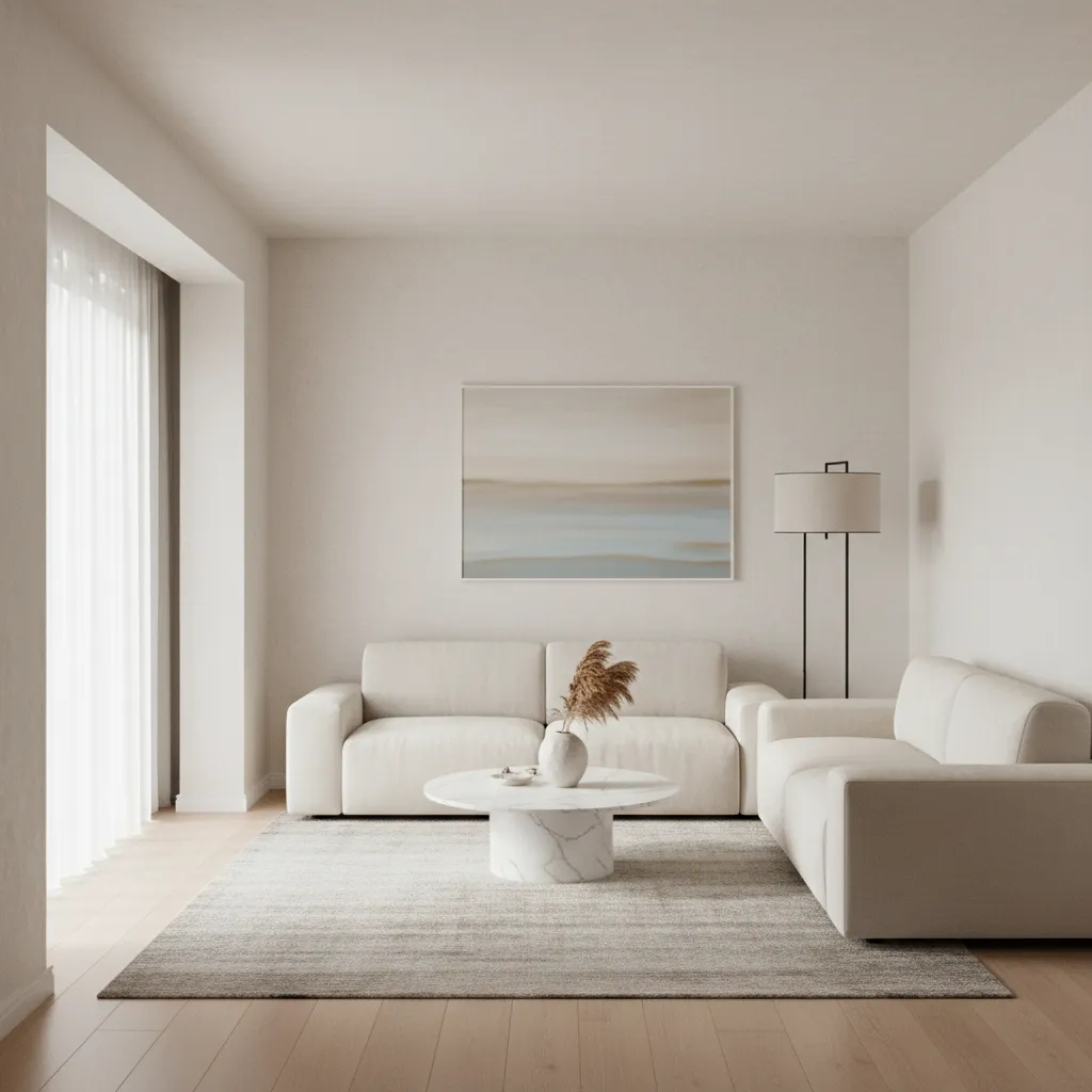 Minimalist beige living room with two sofas marble coffee table wall art and floor lamp