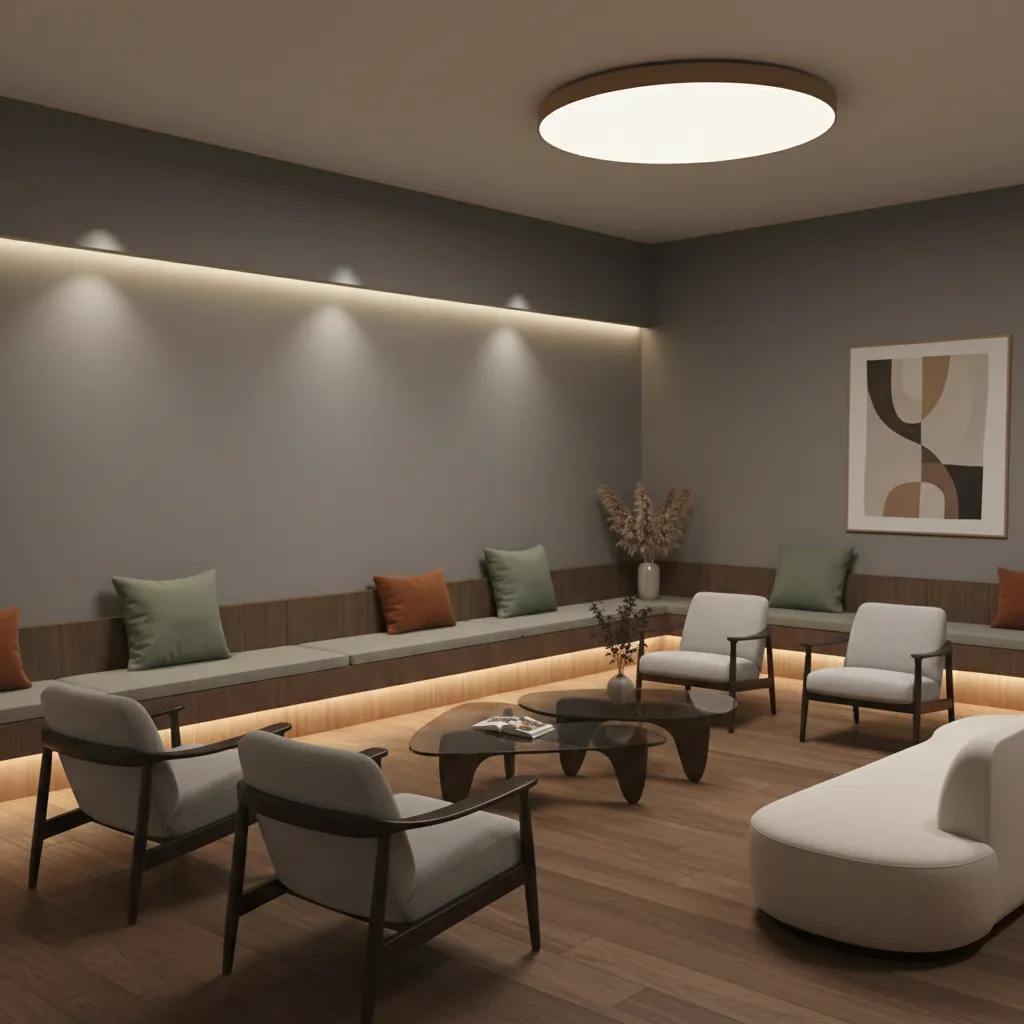 waiting area using balanced neutral palette with small accent colors