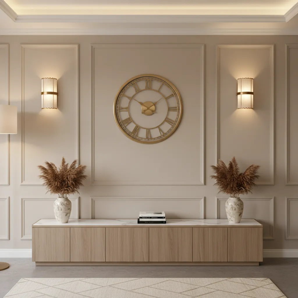 Wall clock balanced with sconces and console table decor