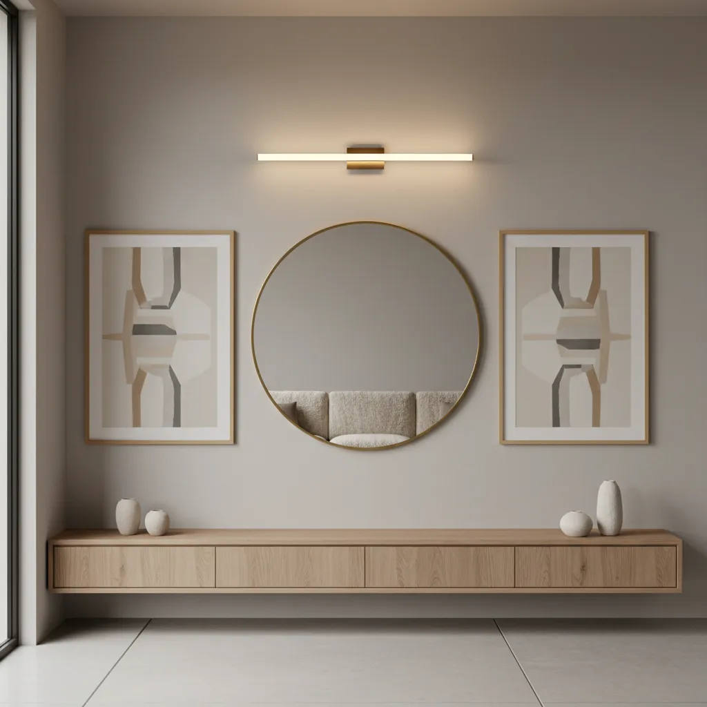 balanced wall layout with mirror and decor placed around a wall sconce