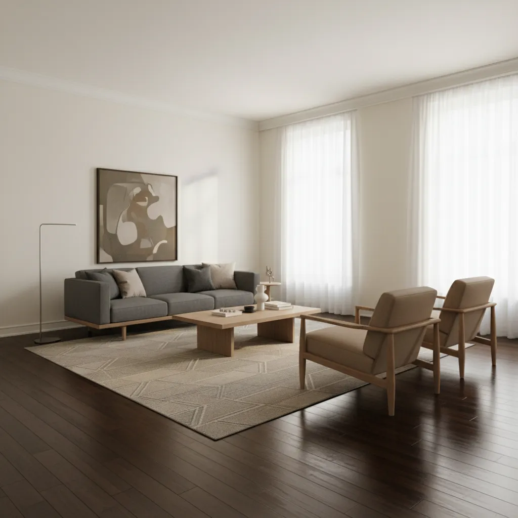 Interior design example showing balanced wall, floor, and furniture colors