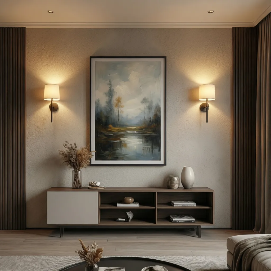 Large wall with sconces and properly scaled artwork arrangement