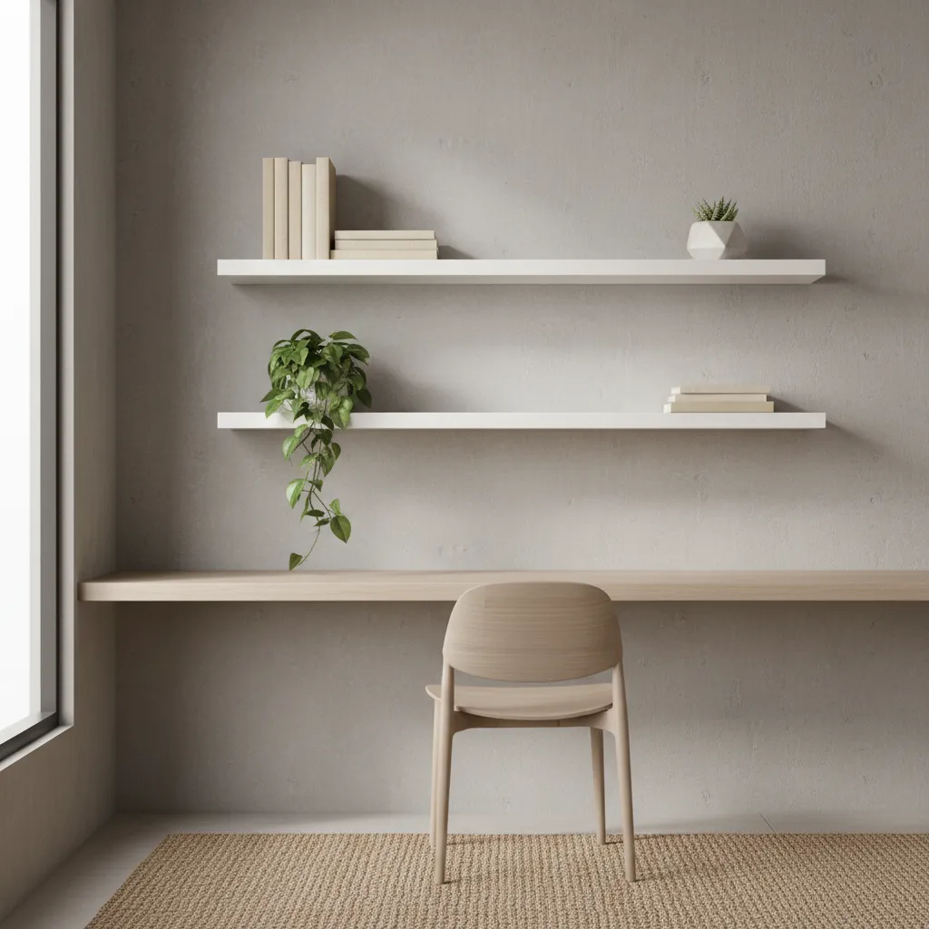 minimal wall shelves with balanced spacing above desk