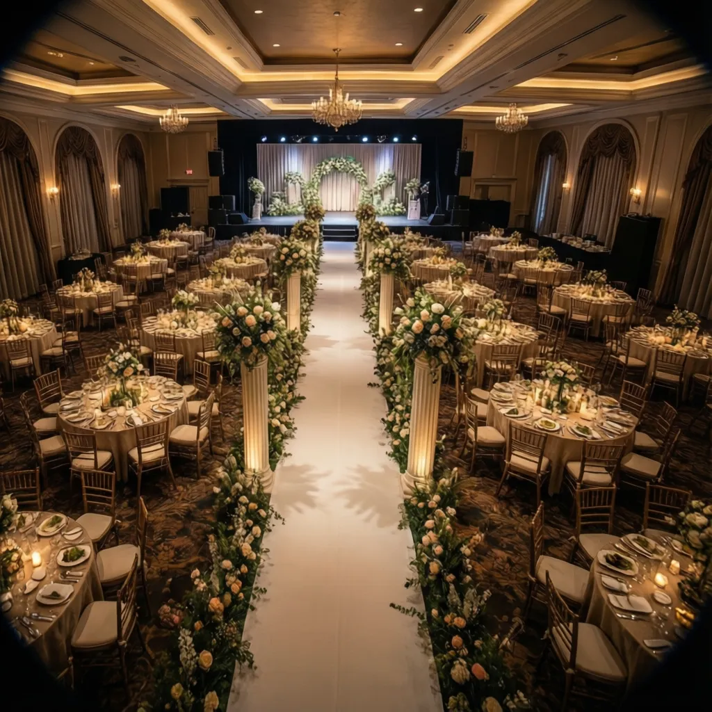 balanced wedding hall layout with central aisle and decor zones