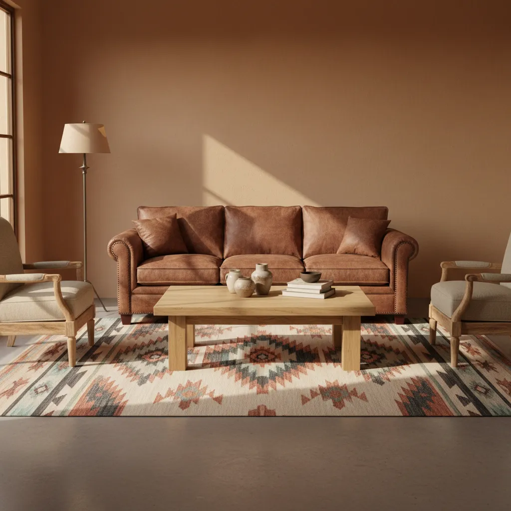 western living room with leather sofa balanced by light textiles and natural wood