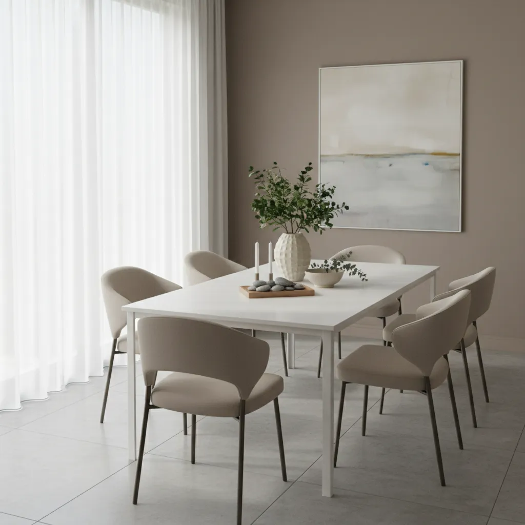 balanced centerpiece arrangement on white dining table combining textures