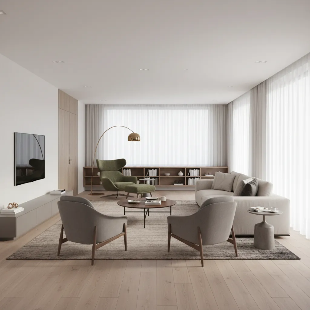 Long rectangular living room divided into two zones with seating and reading area