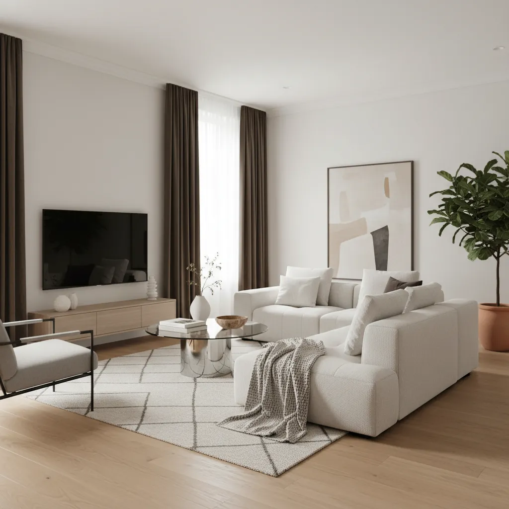 Living room with dark brown curtains balanced by light furniture and rug