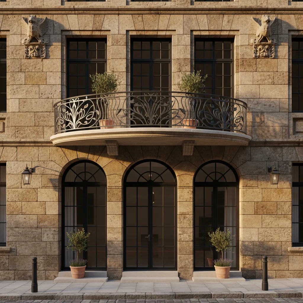 Symmetrical stone building facade with arched glass doors and a curved metal balcony with plants