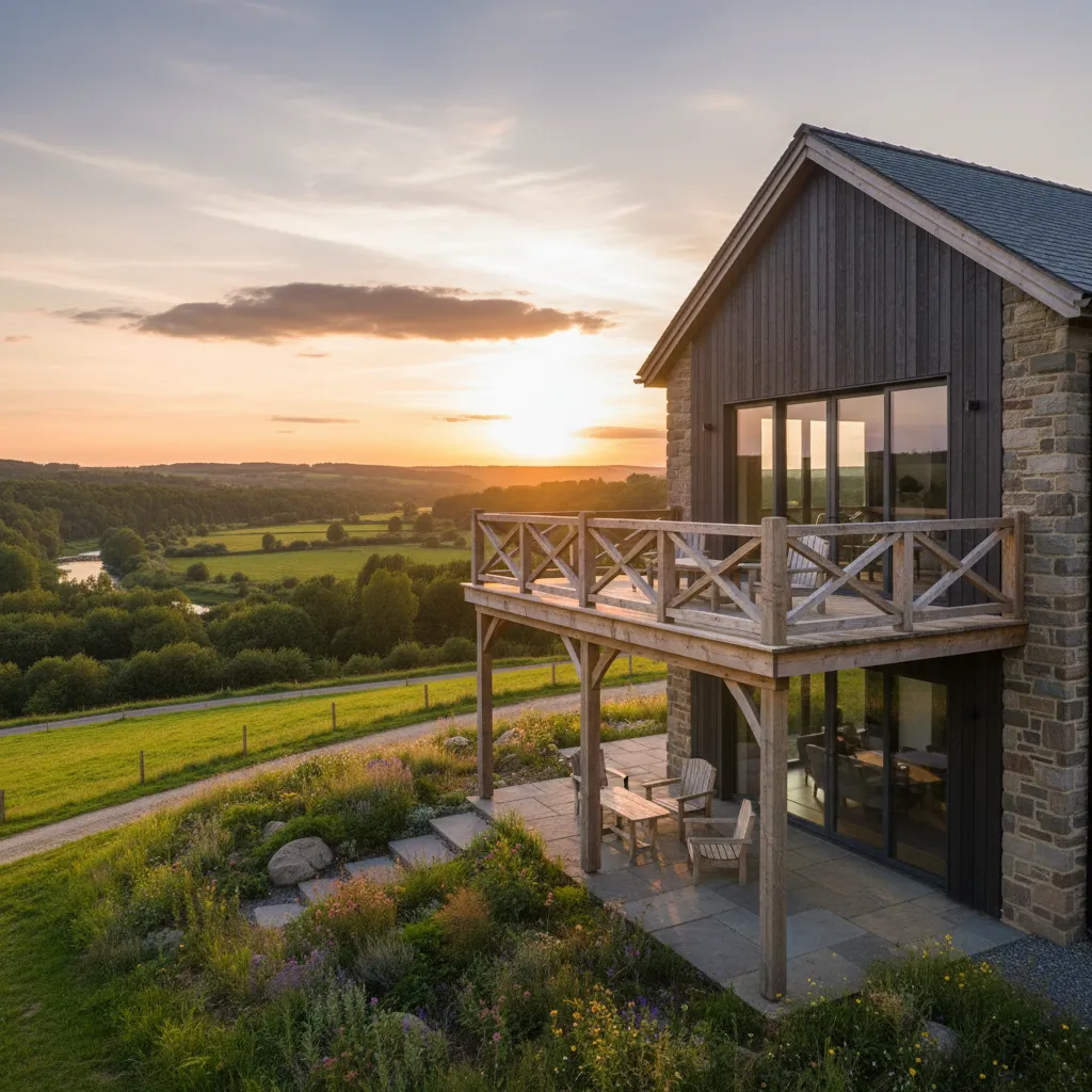 Balcón en el segundo piso de una casa rural con vistas al paisaje natural