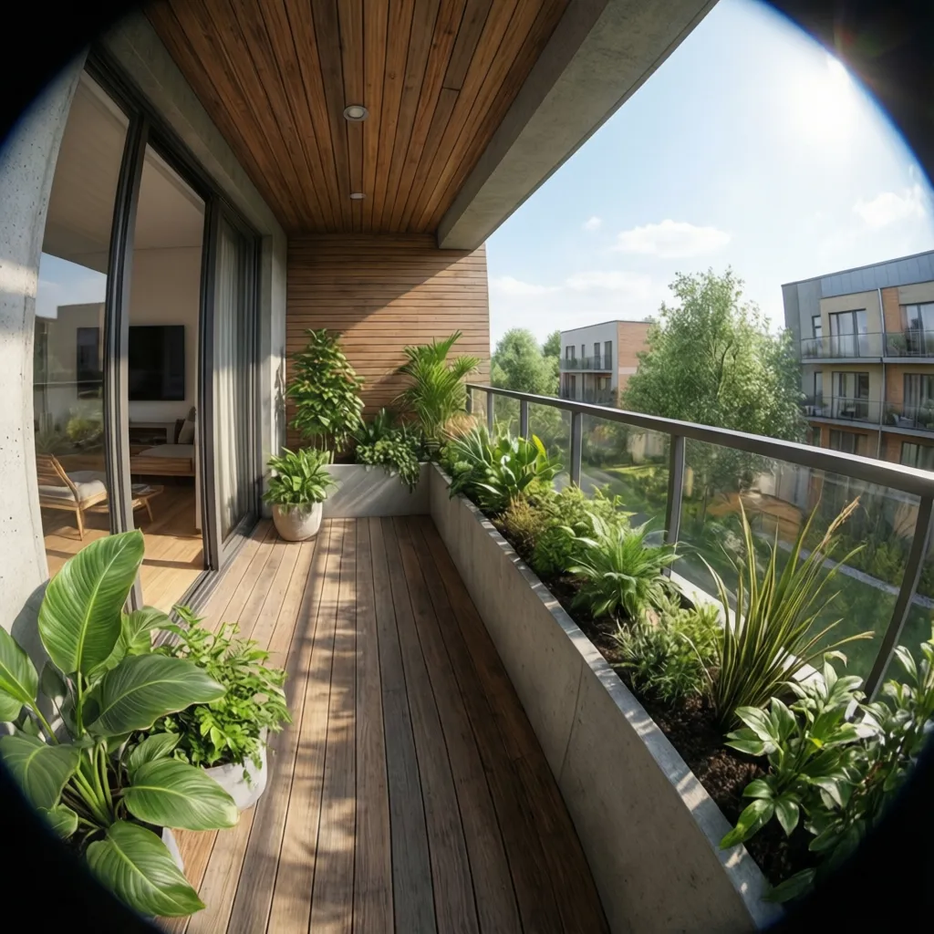 Balcón moderno con jardineras y vegetación integrada